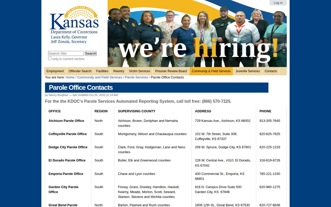 KDOC Ellsworth County parole office contact listing